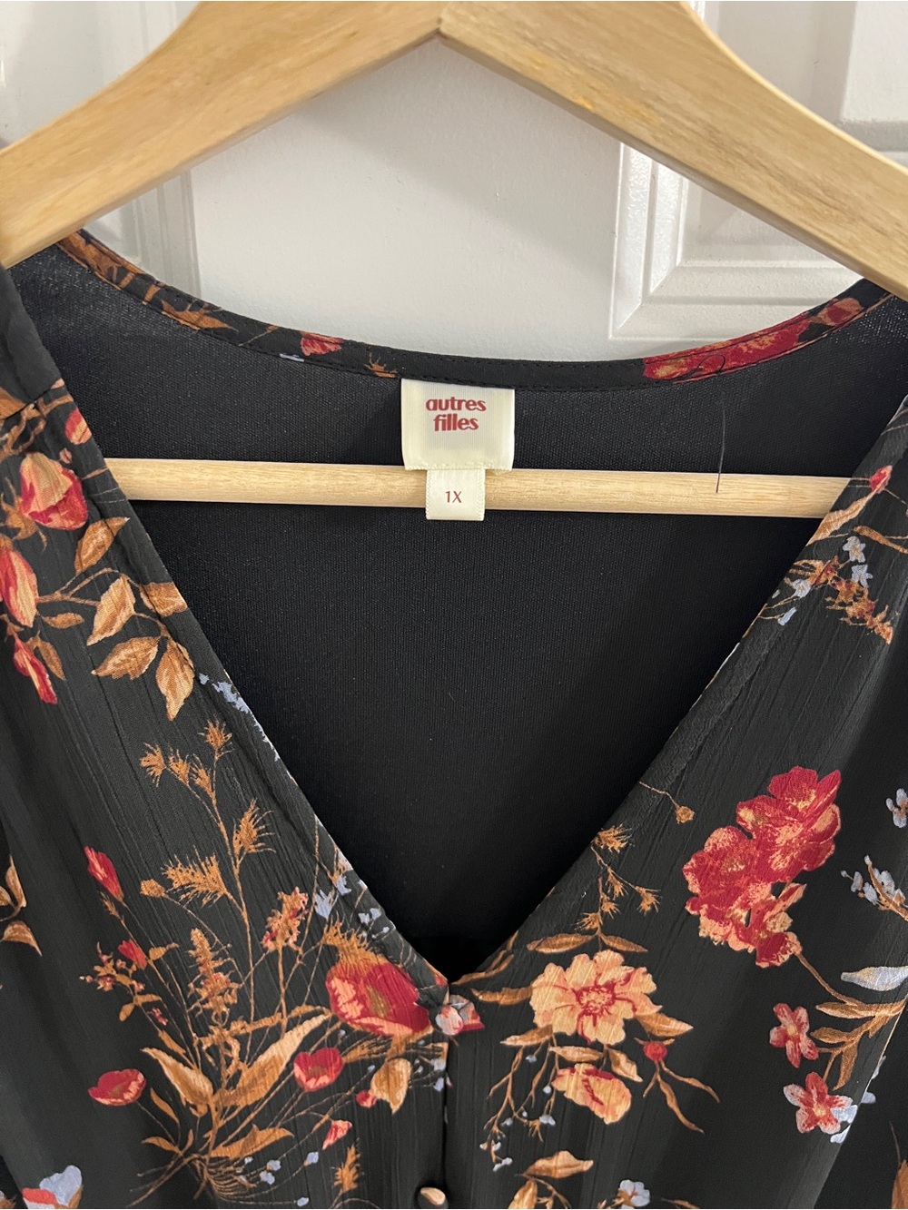 🍂 Black Fall Floral V‑Neck Smocked Waist Maxi Dress- 1x - Picture 6 of 10